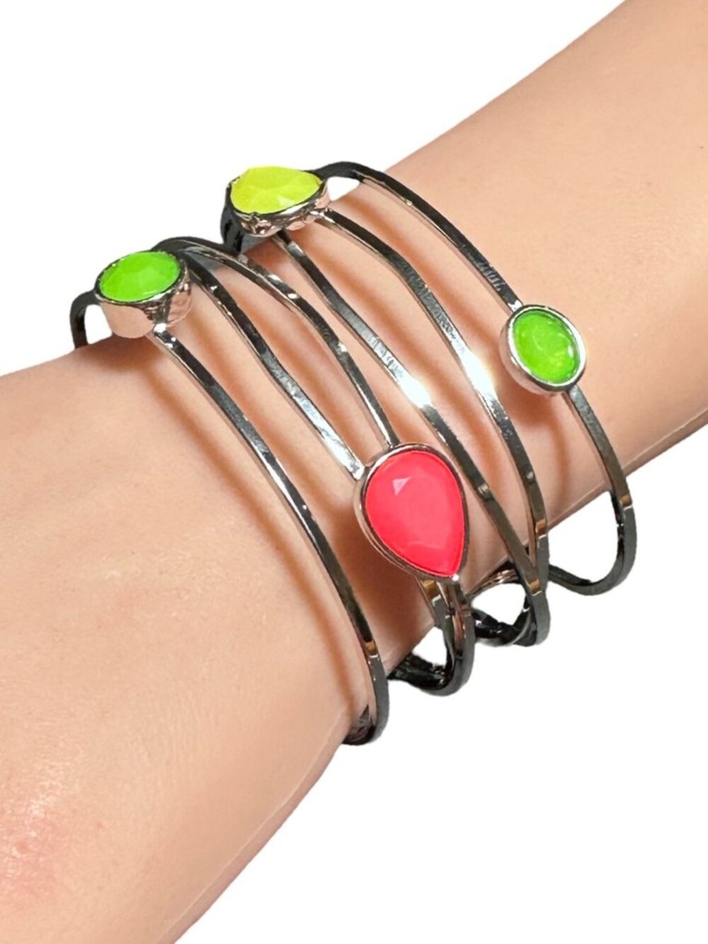 Neon Color Cuff Bracelet Silver Tone Pink Green Yellow 80s Vibes Womens Jewelry